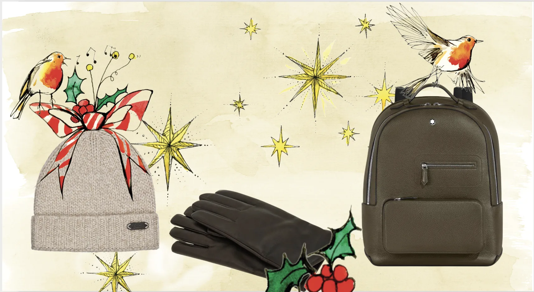 Brionie beanie- Ferragamo gloves and Montblanc Companion backpack