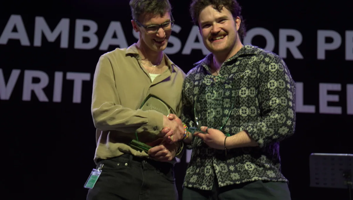 Winner of the Ambassador PEEL Playwright Challenge, Huw Turnbull, (right) with runner-up, Bryan Moriarty.