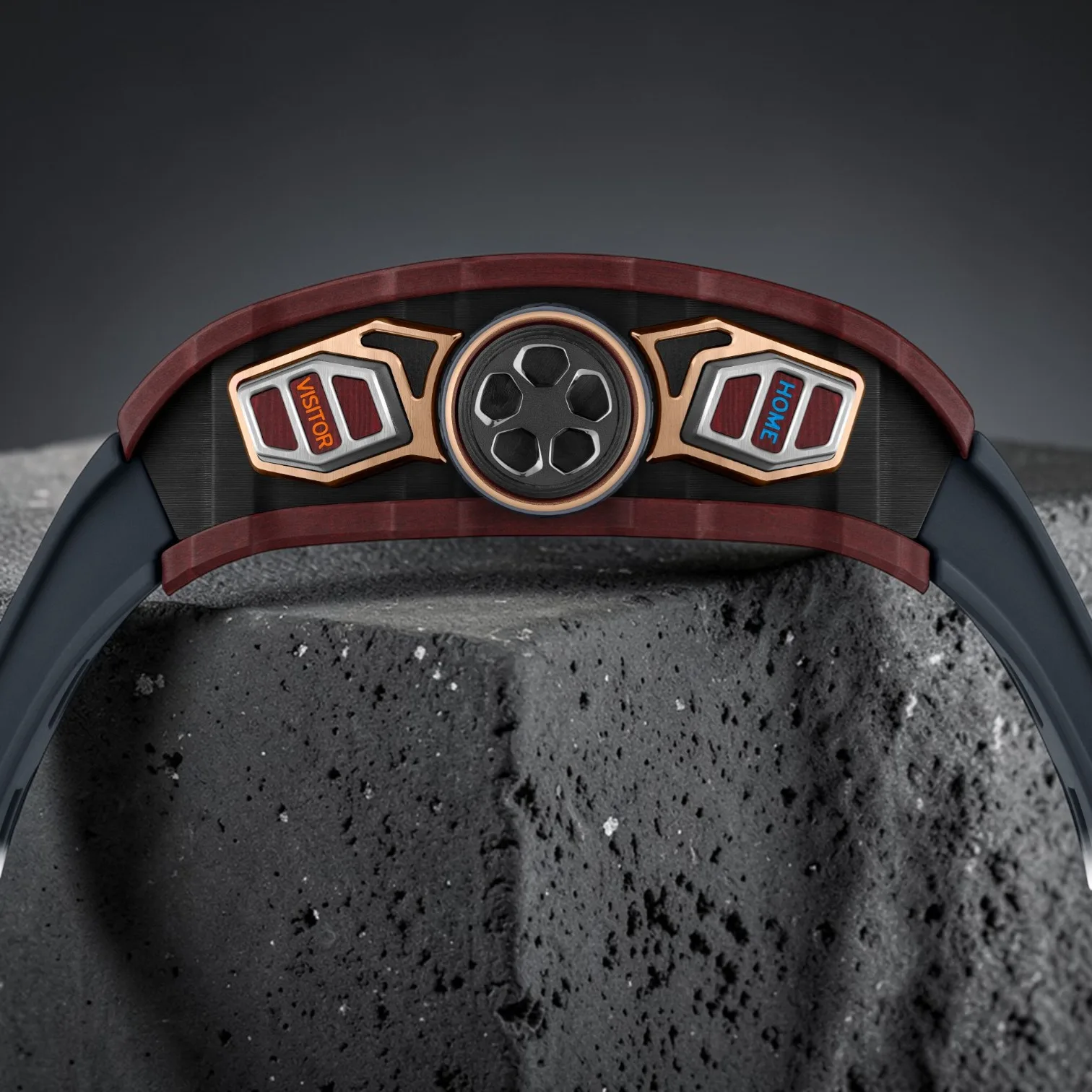 The elliptical shape of the RM 41-01 case in Red Carmin Basalt TPT®