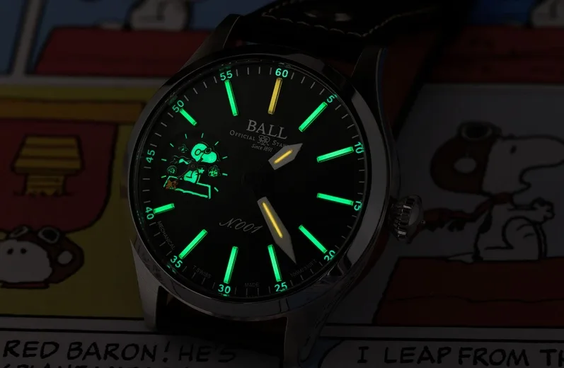 The Ball Engineer Master II Snoopy Flying Ace glowing in the dark