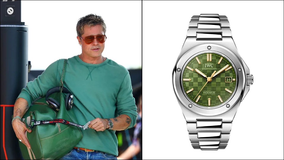 Brad Pitt on location for F1, wearing a bespoke green-dial IWC Ingenieur SL Ref. 1832 – the screen watch that inspired IWC’s modern Ingenieur Automatic 40 Ref. IW328908