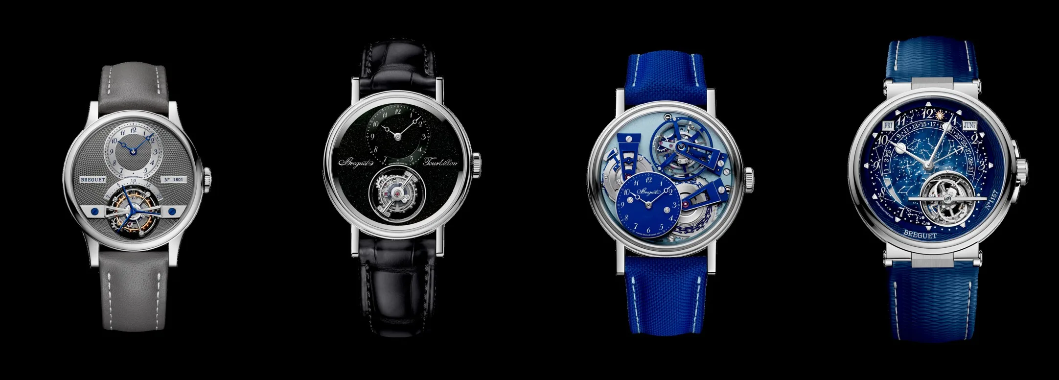 The 225 anniversary tourbillon models: Classique Tourbillon 7357, Classique Tourbillon Sidéral 7255, Tradition Tourbillon 7047, and the Marine Tourbillon Équation Marchante 5887.