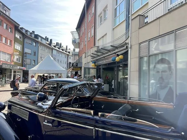 Historic Maybach models were displayed outside the Maybach Schaudepot for the soft opening on 21 May 2026.Photo © Maybach Foundation/Felix Kästle.