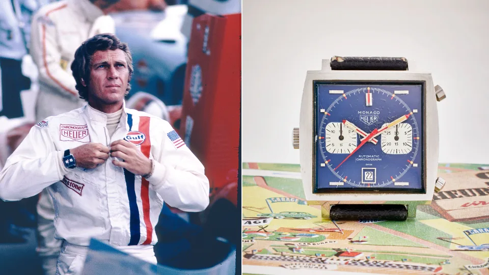 Steve McQueen on the set of Le Mans wearing the Heuer Monaco Ref. 1133B – the square-cased chronograph that turned a racing watch into a cinema legend.