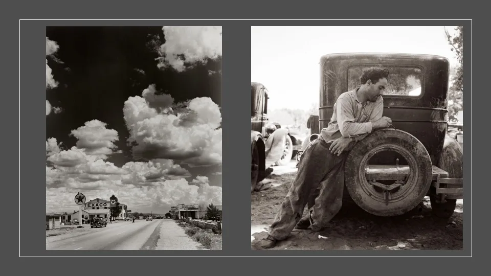 Left: Andreas Feininger, Route 66, Arizona, 1947. © Phillips Auctions. Right: Dorothea Lange. Migrant agricultural worker in California October 1935 . © American Photo Archive