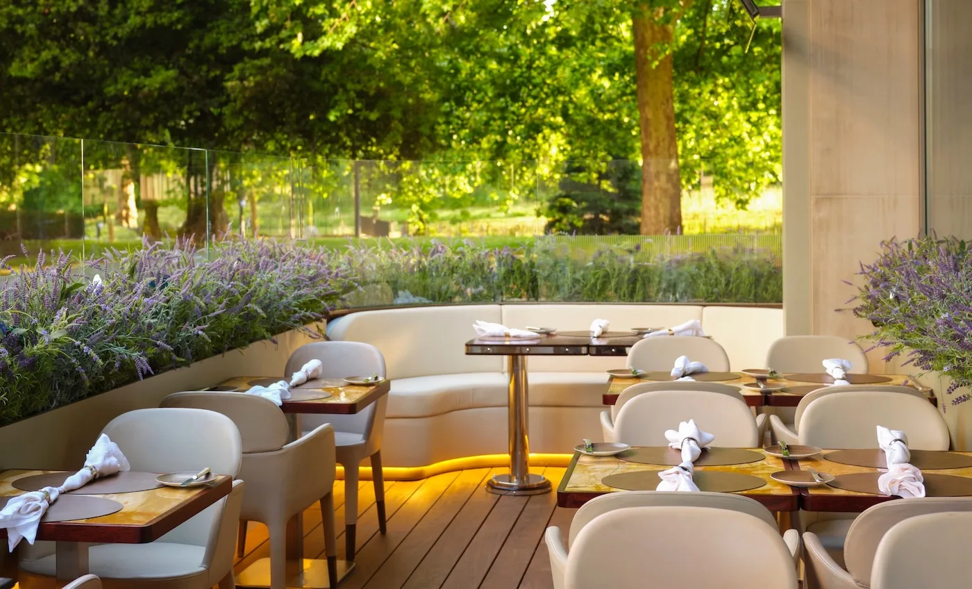 CUT OUT on the terrace at 45 Park Lane in Mayfair, London