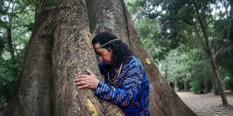 Mindahi Bastida, founder of The Earth Elders, connecting with a sacred tree in Benin, West Africa.