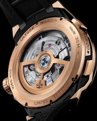 The sapphire caseback of the Ulysse Nardin Blast Moonstruck reveals the automatic UN-106 calibre, finished with a 5N rose-gold oscillating weight.