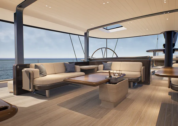 Outdoor living space on Project Zero, with a solar-panelled bimini.