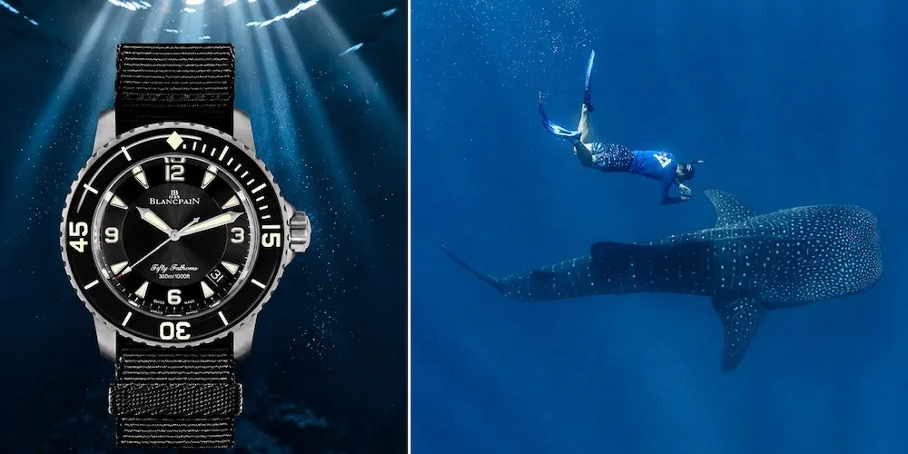Blancpain Fifty Fathoms Automatique on NATO strap with its iconic sapphire-capped unidirectional rotating bezel. As part of its commitment to ocean conservation, Blancpain works on the Great Barrier Reef with the Biopixel Oceans Foundation, protecting whale sharks. 