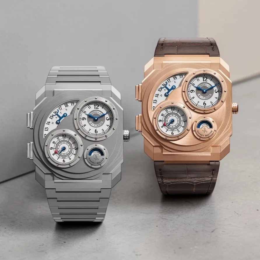 Bvlgari Octofinissimo Dual Time x Vianney Halter in titanium and rose gold.