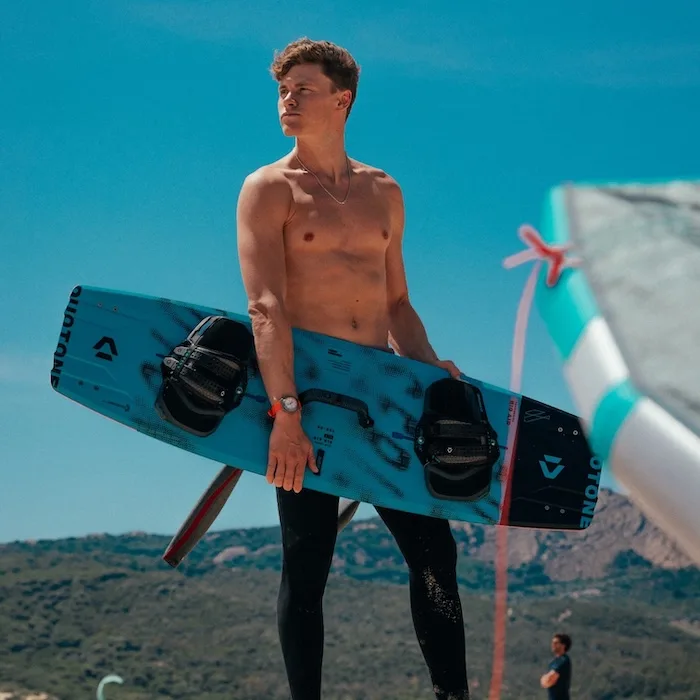 Liam Whaley with his kitesurfing board in Tarifa