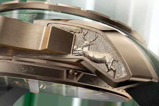 Hand engraving stag opposite Merlin on the side of the Roger Dubuis Excalibur The Metamorph Merlin