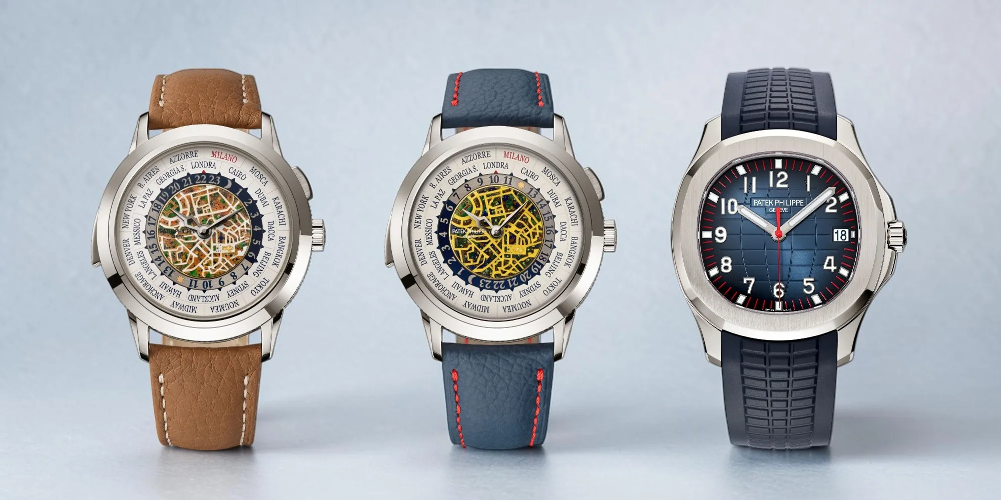 Patek Philippe Milan 2026 limited editions: the World Time Minute Repeater ref. 5531G-012 (left), with its enamel map of Milan by day, the ref. 5531G-013 (centre), with the enamel map of Milan at night, and right, the Aquanaut 5167A-014 limited to 250 pieces.