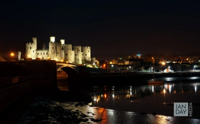 Conwy Castle in North Wales at night.