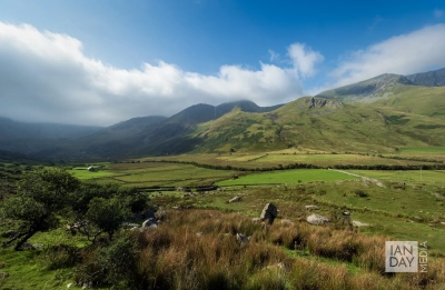 Rain clouds start to roll in over Ogwen Valley in Snowdonia, Wales.