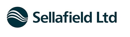 This is the logo for SELLAFIELD LIMITED - spelt: S E L L A F I E L D L T D. It is in navy-blue writing and is to the left of a circular image with three aved lined starting at the top-left of the circle and falling down to the bottom-right.