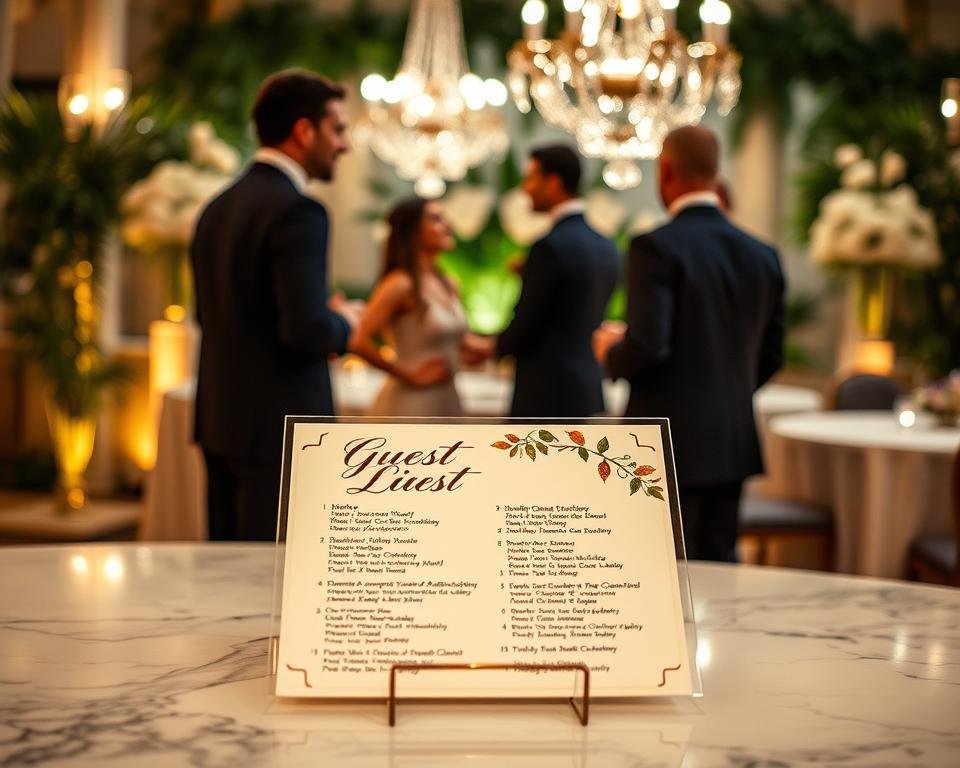 A beautifully designed wedding guest list, elegantly presented on a marble table with soft, warm lighting. In the foreground, a hand-lettered, calligraphic guest list in a luxurious script, adorned with delicate floral accents. The middle ground showcases a pair of diverse, stylishly dressed wedding guests, engaged in conversation, capturing the celebratory atmosphere. In the background, a blurred, romantic setting with hints of lush greenery and sparkling chandeliers, evoking a sense of luxury and timeless elegance.