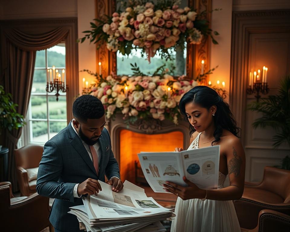 A beautifully lit, cinematic scene of a diverse couple deep in wedding planning. In the foreground, the couple pore over swatches, design sketches, and a wedding mood board, their expressions thoughtful and engaged. The middle ground features a grand, ornate fireplace mantel adorned with lush floral arrangements, candles casting a warm glow. In the background, floor-to-ceiling windows reveal a picturesque garden landscape, hinting at the elegant venue. The overall mood is one of refined sophistication, romance, and the excitement of beginning a new chapter.
