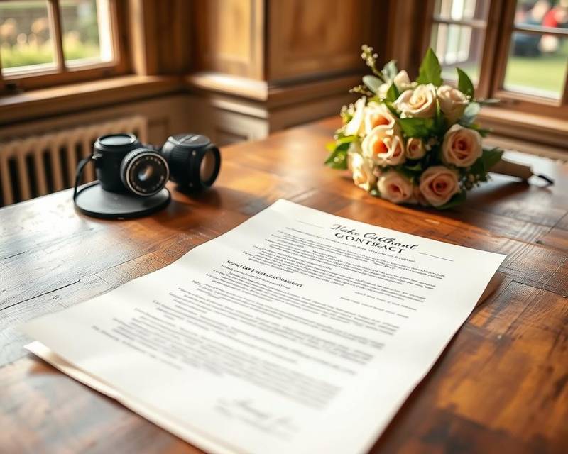 A delicate wedding photography contract sits atop a beautifully weathered oak desk, its pages illuminated by soft, natural light streaming in through large windows. The contract&#039;s intricate details are visible, with elegant calligraphy and carefully considered terms. In the background, a pair of vintage camera lenses and a bouquet of fresh, fragrant flowers add a romantic touch, hinting at the joyous occasion the contract represents. The overall scene conveys a sense of timeless elegance and attention to detail, reflecting the importance of thoroughly understanding the photography agreement for a memorable London wedding.