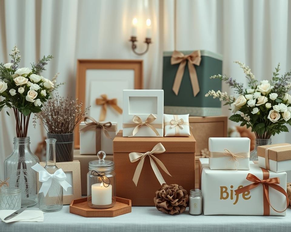 Create an image of a beautifully arranged wedding gift registry with a mix of traditional and modern gifts.