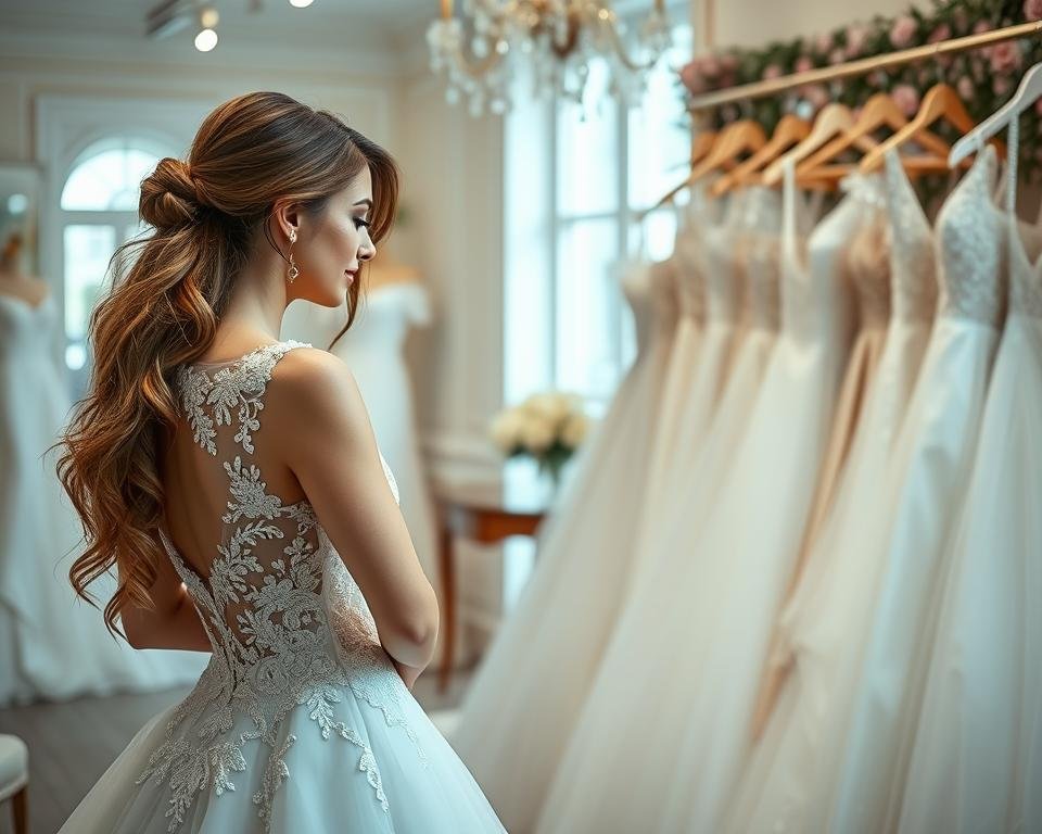 Image of a bride trying on wedding dresses in a boutique