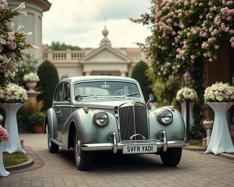 Image of a vintage car arriving at a wedding venue