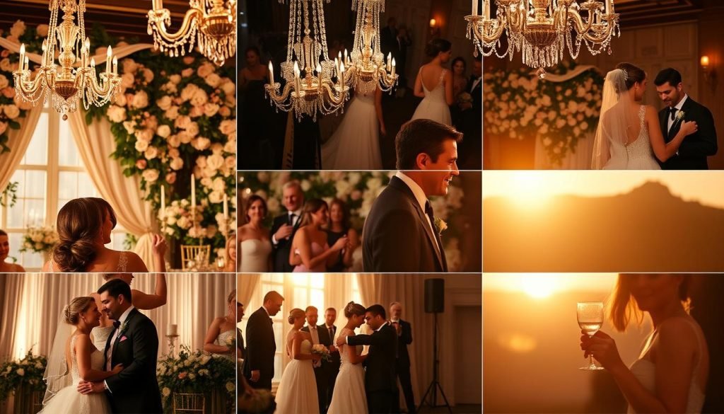 A gallery of real weddings, captured with cinematic flair. Elegant couples embrace amidst lush floral backdrops, their joy palpable in warm, soft-focused portraits. Candid moments unfold - a first dance beneath glittering chandeliers, a heartfelt toast under the golden hour sun. Ethereal lighting bathes the scenes, creating a timeless, romantic atmosphere. Wide, sweeping shots showcase the grandeur of the venues, while intimate close-ups reveal the authentic emotions of the day. The images tell a comprehensive story, from cherished traditions to unguarded laughter, encapsulating the essence of these real, unforgettable celebrations.