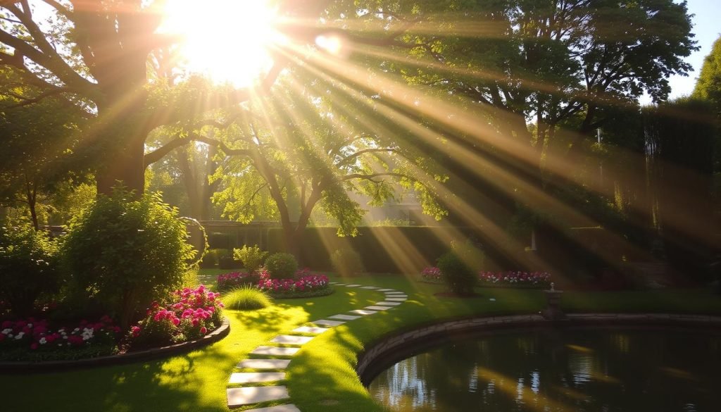 A serene, sun-dappled morning in a picturesque garden, with a lush canopy of trees and soft, wispy clouds drifting overhead. The warm, golden light filters through the foliage, casting a gentle glow on the well-tended flowerbeds and a meandering stone path. A tranquil pond reflects the verdant landscape, its surface unruffled, inviting a sense of calm and tranquility. The scene exudes a sense of simplicity, support, and freedom from stress, capturing the essence of a stress-free, memorable experience.