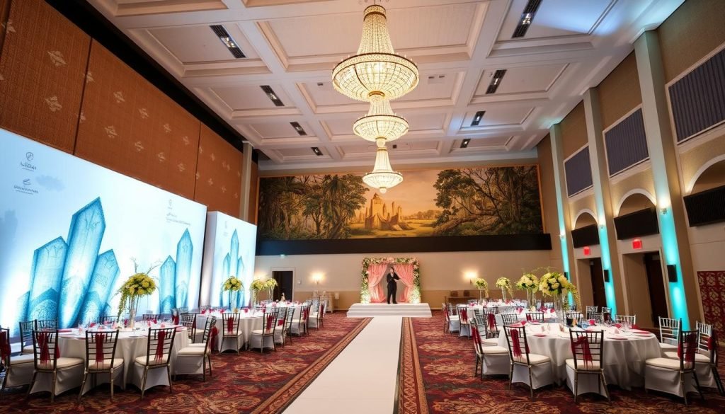 Birmingham Museum & Art Gallery decorated for an elegant Asian wedding reception