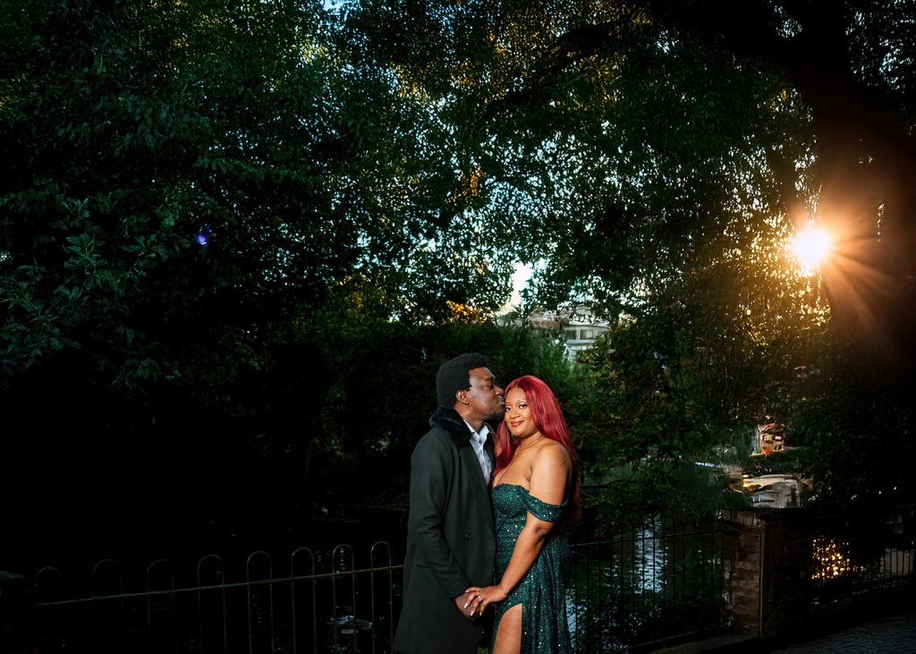Couple embracing during golden hour.