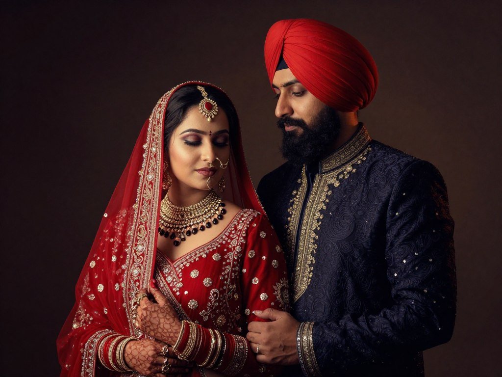 Sikh Wedding Photographer Birmingham capturing a couple's portrait with creative lighting