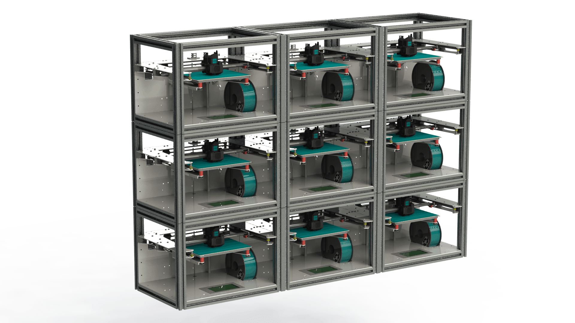 Regal mit neun 3D-Druckern, angeordnet in drei Reihen und drei Spalten.
