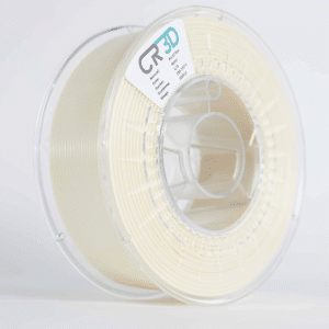 Seitliche Ansicht einer Spule mit weißem Filament, in einer transparenten Kunststoffverpackung.
