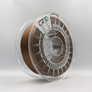 Seitliche Nahaufnahme einer Spule mit bronzefarbenem PETG-Filament von CR3D, in einer transparenten Kunststoffverpackung.