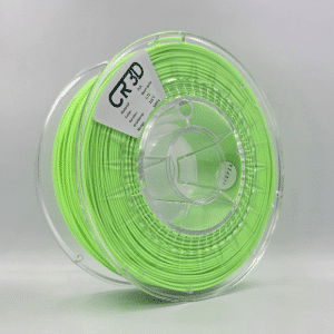 Seitliche Ansicht einer Spule mit neon grünem Filament, in einer transparenten Kunststoffverpackung.