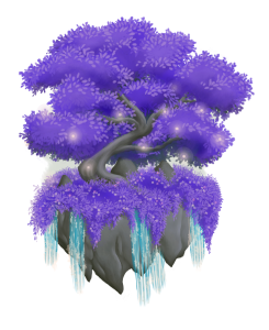 A gouache painting of a purple tree growing on a tiny, floating island from which water falls downward.