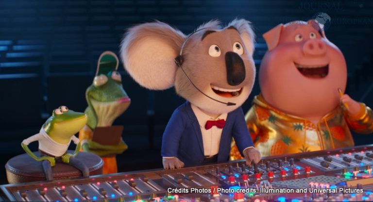 (from left) Miss Crawly (Garth Jennings, second from left, with frog), Buster Moon (Matthew McConaughey, center) and Gunter (Nick Kroll, right), in Illumination's Sing 2, written and directed by Garth Jennings.