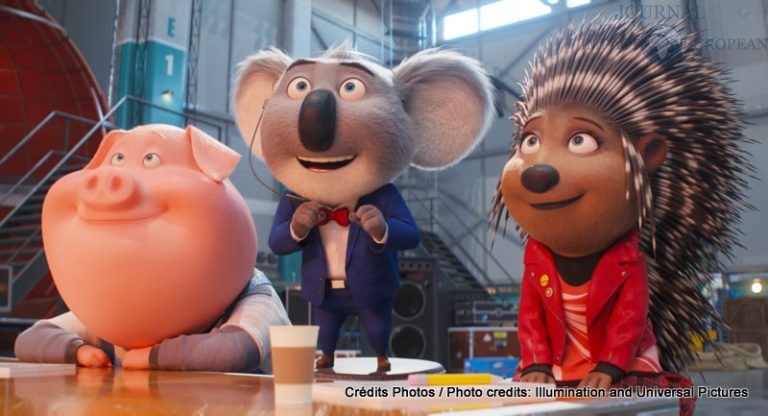 (from left) Gunter (Nick Kroll), Buster Moon (Matthew McConaughey) and Ash (Scarlett Johansson) in Illumination’s Sing 2, written and directed by Garth Jennings.