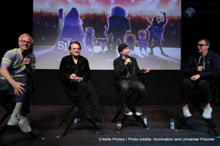 Spike Jonze, Bono, The Edge and Director Garth Jennings speak as Illumination and Universal Pictures celebrates a SING 2 special screening at The London in West Hollywood, CA on Wednesday, December 8, 2021.(Photo: Alex J. Berliner/ABImages)