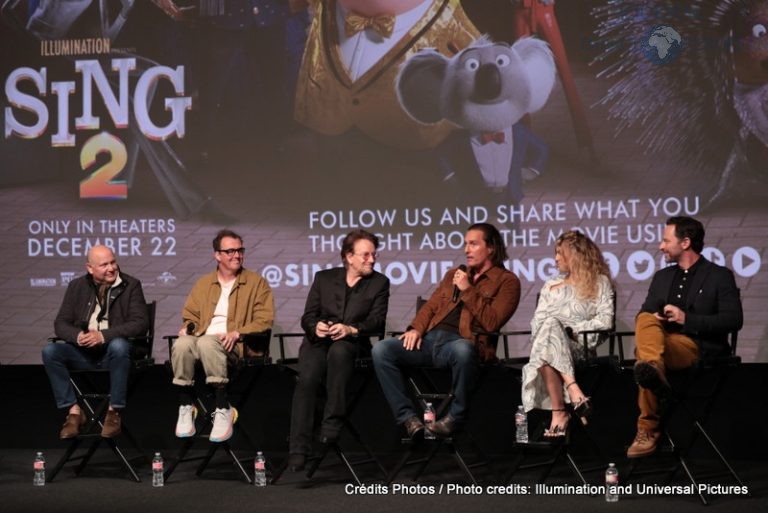 Mathew McConaughey speaks as Chris Meledandri, Garth Jennings, Bono, Tori Kelly and Nick Kroll attend as Illumination and Universal Pictures celebrate a Special Screening of SING 2 at the DGA in Los Angeles, CA on Friday, December 10, 2021.(Photo: Alex J. Berliner/ABImages)