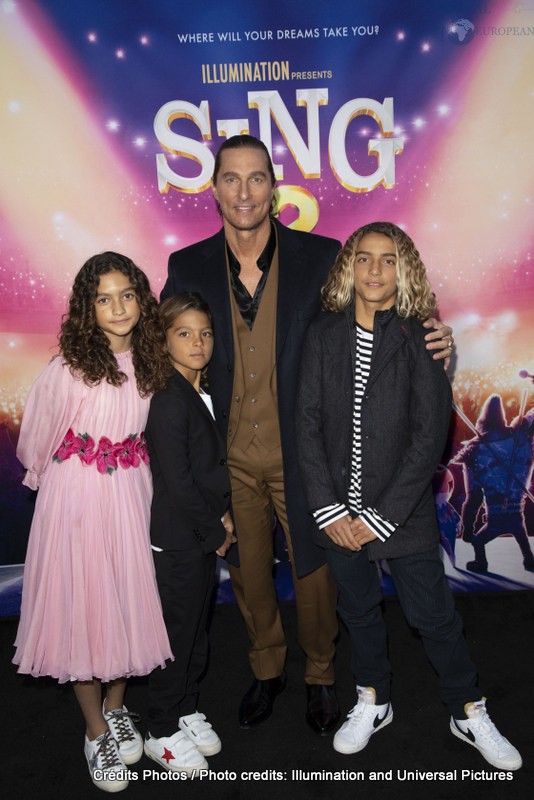 Vida McConaughey, Livingston McConaughey, Matthew McConaughey and Levi McConaughey attend as Illumination and Universal Pictures celebrate the Premiere of SING 2 at the Greek Theater in Los Angeles, CA on Sunday, December 12, 2021

(Photo: Alex J. Berliner/ABImages)