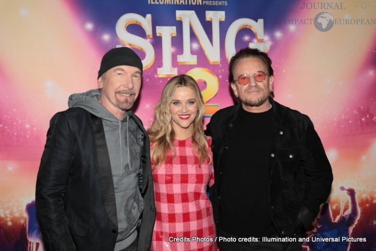 The Edge, Reese Witherspoon and Bono attend as Illumination and Universal Pictures celebrate the Premiere of SING 2 at the Greek Theater in Los Angeles, CA on Sunday, December 12, 2021(Photo: Alex J. Berliner/ABImages)