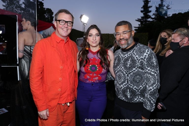 Director/Writer Garth Jennings, Chelsea Peretti and Jordan Peele attend as Illumination and Universal Pictures celebrate the Premiere of SING 2 at the Greek Theater in Los Angeles, CA on Sunday, December 12, 2021(Photo: Mark Von Holden/ABImages)