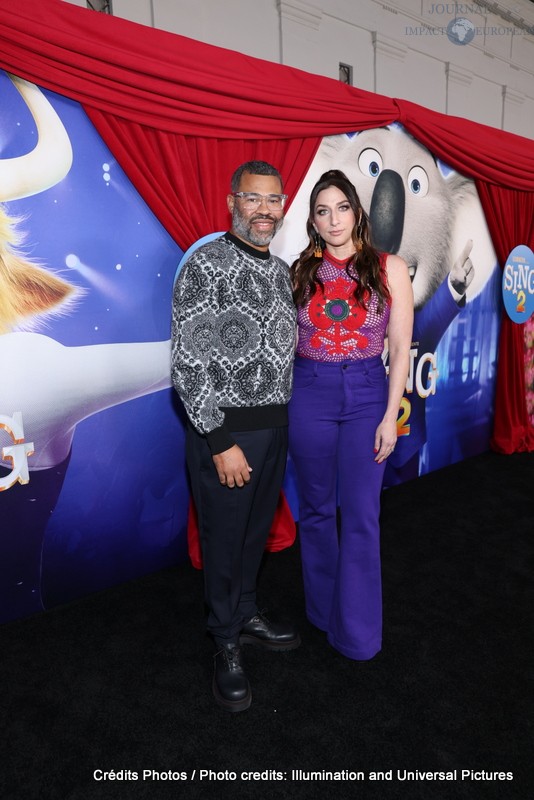 Jordan Peele and Chelsea Peretti attend as Illumination and Universal Pictures celebrate the Premiere of SING 2 at the Greek Theater in Los Angeles, CA on Sunday, December 12, 2021(Photo: Mark Von Holden/ABImages)