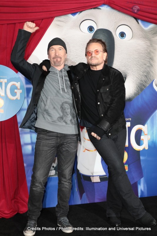 The Edge and Bono attend as Illumination and Universal Pictures celebrate the Premiere of SING 2 at the Greek Theater in Los Angeles, CA on Sunday, December 12, 2021(Photo: Alex J. Berliner/ABImages)