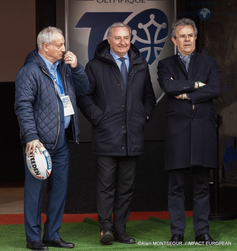 De Gauche à droite: Bernard Sarrazain (Président du TO ) , Jean-Luc Moudenc, Maire de Toulouse  et Luc Lacoste ( Président dela fédération française de rugby à XIII )