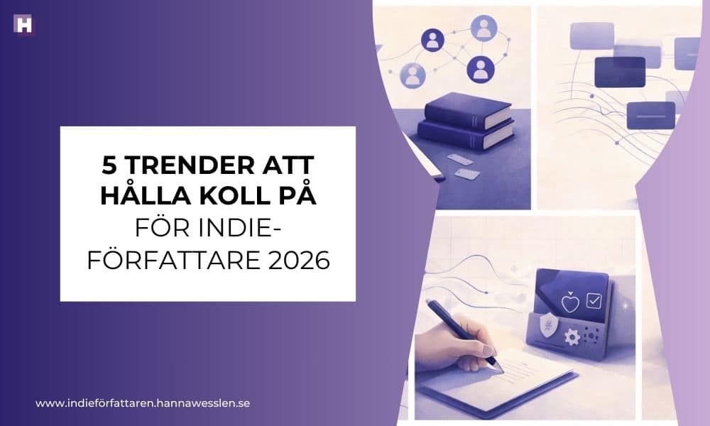 Trender för indieförfattare 2026 (dekorativ bild för inlägget, toner i lila)