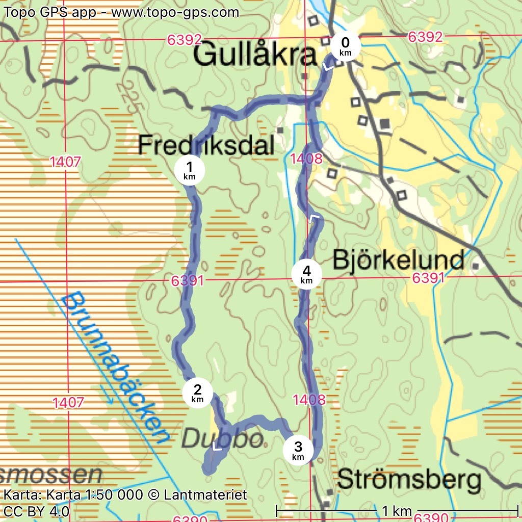Dagens runda. Från Gullåkra förbi Fredriksdal och ner till den gamla boplatsen Dubbo. 5,1 km.