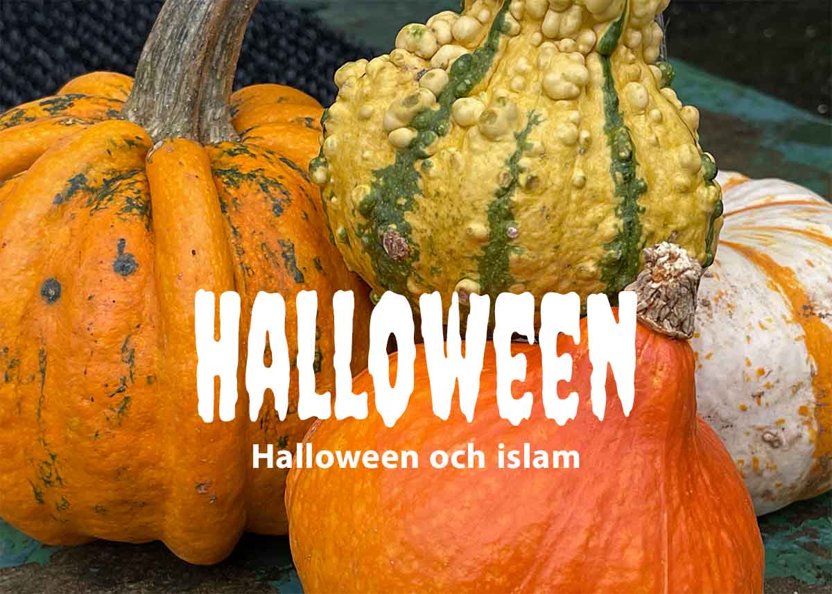 Bild på olikfärgade pumpor och texten "Halloween och islam".